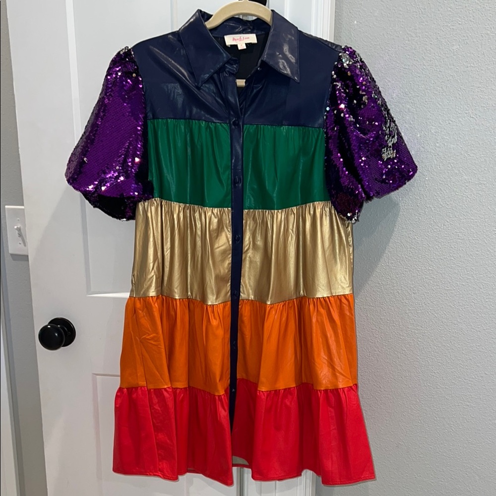 Peach Love Rainbow Sequin Pleather Colorblock Embellished Dress